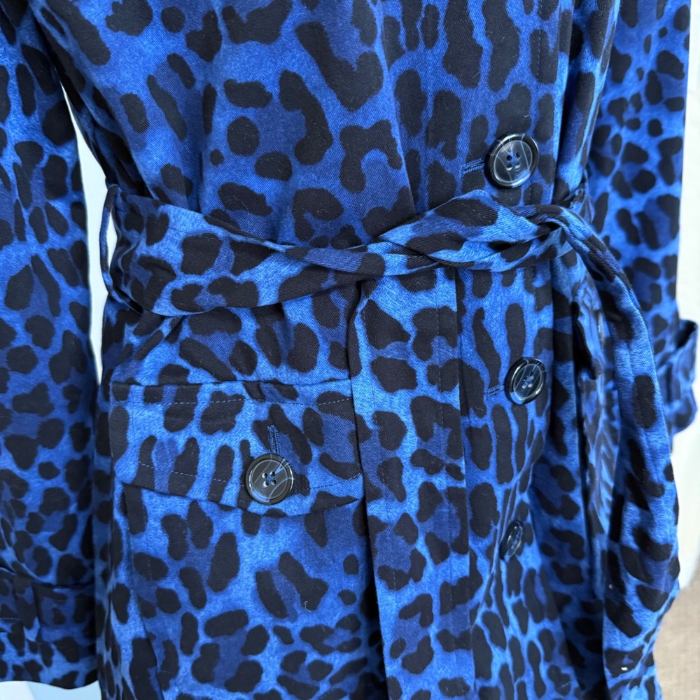 Linea by Louis Dell'Olio Blue Black Leopard Print Belted Trench Jacket Women's S - Picture 2 of 9